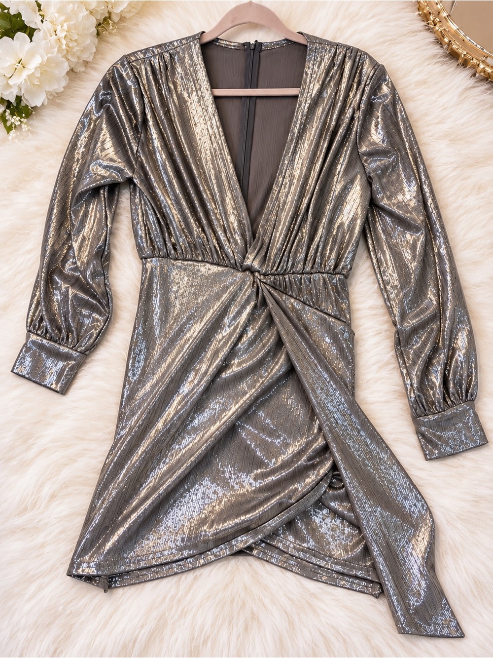 SHEIN Metallic Silver Wrap Mini Dress